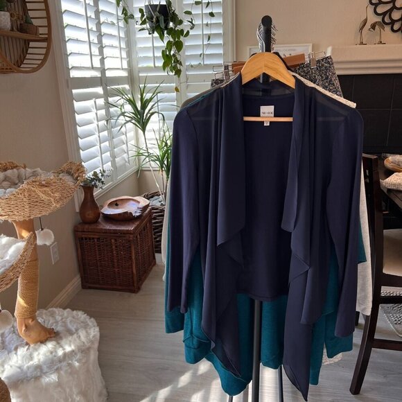 Nic + Zoe Blouse Womens Size Small Navy Long Sleeve Mixed Media Sheer Modern - Picture 16 of 16